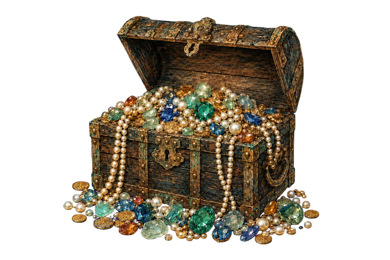 A weathered treasure chest overflowing with pearls, colorful jewels, and gold coins